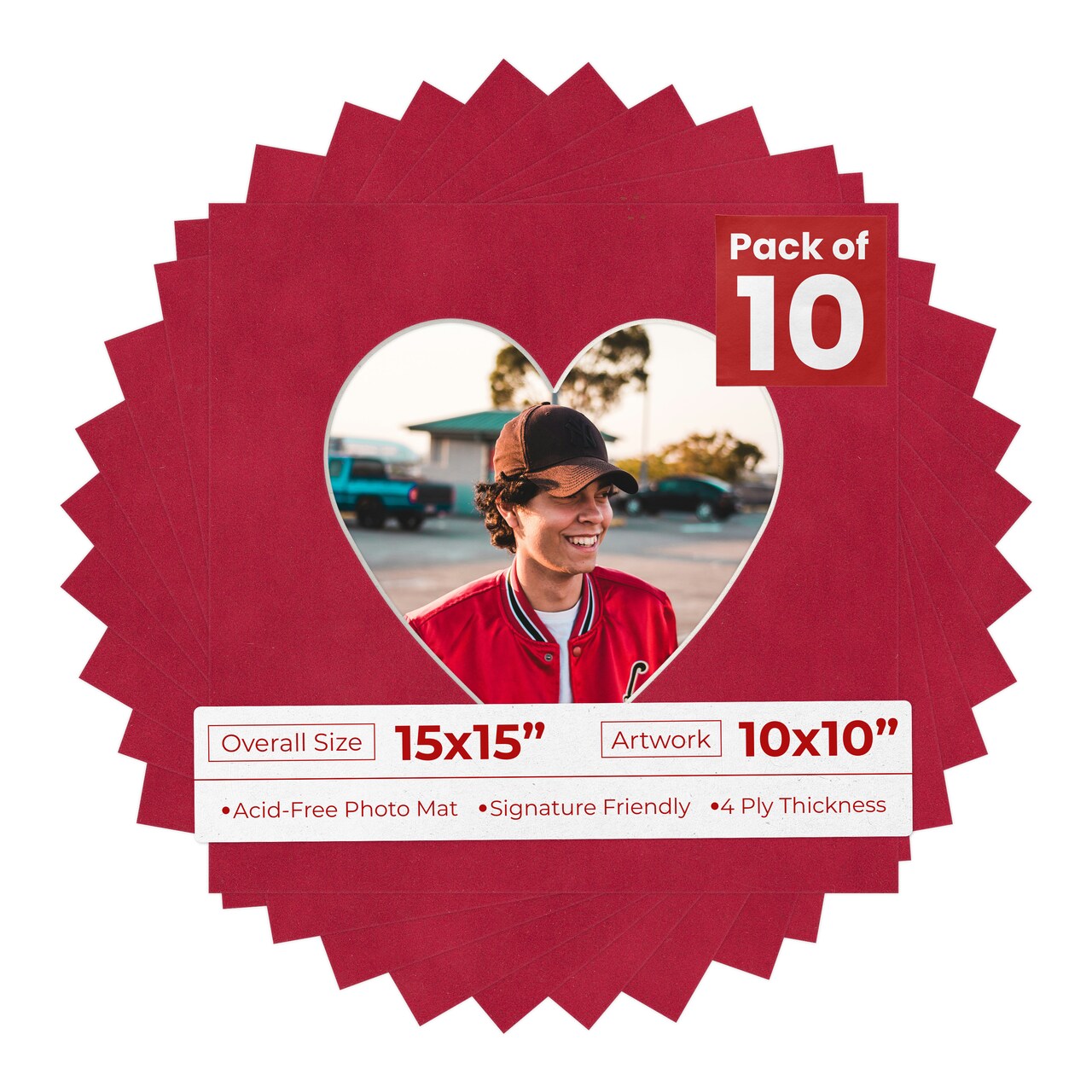 Red Suede Mat Board for 15x15 Frames - Heart Opening for 10x10 Photos